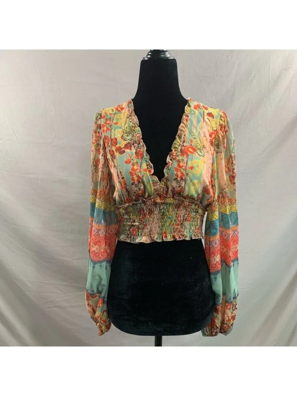 Lantern Sleeve Frilled Shirred Panel Floral & Paisley Print Top - Picture 7 of 10